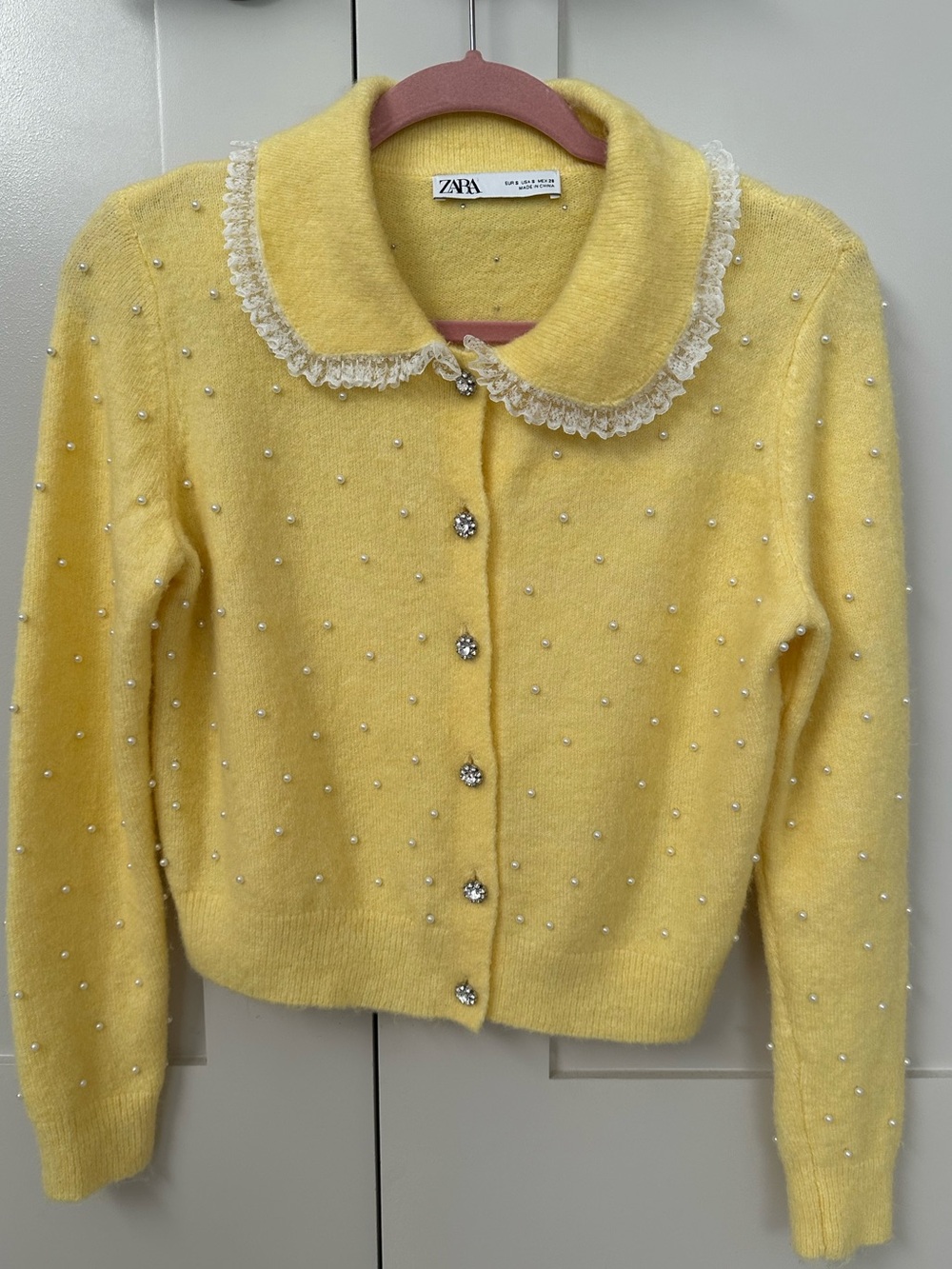 ZARA Yellow Pearl-Accented Peter Pan Collar Cardigan